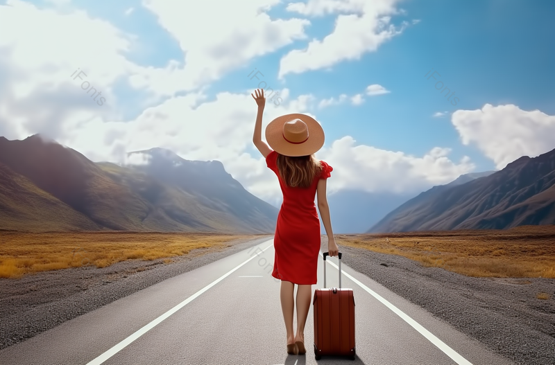 穿红衣服的女人。穿着红色衣服的年轻女子带着红色行李在路上,高清,摄影图,摄影图片,图片大全,摄影图免费下载